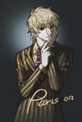 Rule 34 | 1boy, aiji tielu, bishounen, black background, blazer, blonde hair, brown eyes, brown jacket, buttons, chinese commentary, closed mouth, collared jacket, collared shirt, commentary request, cowboy shot, english text, fingernails, hand on own face, hand on own wrist, highres, hunter x hunter, jacket, kurapika, lapels, layered sleeves, long sleeves, looking at viewer, male focus, necktie, notched lapels, pinstripe jacket, pinstripe pattern, purple necktie, shirt, short hair, simple background, smile, solo, vignetting, white shirt