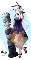 Rule 34 | 1girl, arknights, bad id, bad pixiv id, bare legs, bare shoulders, blue dress, breasts, cannon, detached collar, dress, full body, hairband, hand up, highres, long hair, looking at viewer, medium breasts, red eyes, ryn (rinorea), sandals, silver hair, sleeveless, sleeveless dress, solo, strapless, strapless dress, tail, thighs, weedy (arknights), wrist cuffs