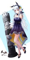 1girl arknights bad_id bad_pixiv_id bare_legs bare_shoulders blue_dress breasts cannon detached_collar dress full_body hairband hand_up highres long_hair looking_at_viewer medium_breasts red_eyes ryn_(rinorea) sandals silver_hair sleeveless sleeveless_dress solo strapless strapless_dress tail thighs weedy_(arknights) wrist_cuffs