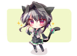 Rule 34 | 1girl, 9-nine-, absurdres, animal ears, asahina yori, black dress, black hair, black pantyhose, blue sailor collar, blush, bow, cat ears, cat girl, cat tail, chibi, commentary, crossed bangs, dress, eyes visible through hair, frilled sleeves, frills, green bow, hair between eyes, hair intakes, hair ornament, hairclip, hand up, highres, juliet sleeves, long sleeves, looking at viewer, pantyhose, parted lips, pleated dress, puffy sleeves, red eyes, sailor collar, school uniform, shirt, short hair with long locks, simple background, solo, sparkle, standing, tail, tail bow, tail ornament, white background, white shirt, wide sleeves, yellow background, yuuki noa