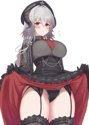 Rule 34 | 1girl, absurdres, azur lane, black gloves, black headwear, black panties, black skirt, black thighhighs, blush, braid, breasts, closed mouth, clothes lift, collared shirt, cross, elbow gloves, epaulettes, flying sweatdrops, frilled skirt, frills, frown, garter belt, gloves, grey shirt, high-waist skirt, highres, horns, iron cross, large breasts, lifted by self, long hair, looking at viewer, necktie, nurnberg (azur lane), panties, red eyes, red necktie, satou aji, shirt, silver hair, simple background, single braid, skindentation, skirt, skirt lift, solo, thighhighs, thighs, underbust, underwear, white background