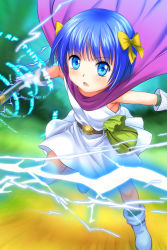Rule 34 | 1girl, blue eyes, blue hair, blush, boots, bow, cape, child, dragon quest, dragon quest v, electricity, flat chest, gloves, hair bow, hero&#039;s daughter (dq5), highres, magic, matching hair/eyes, mutsuki (moonknives), open mouth, short hair, solo, square enix, staff, yellow bow