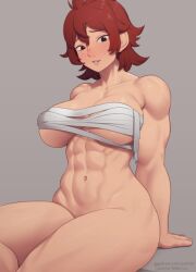 Rule 34 | 1girl, abs, alternate form, black eyes, blush, bottomless, breasts, chest sarashi, cleavage, commentary request, dungeon meshi, grey background, large breasts, large ears, long hair, looking at viewer, muscular, muscular female, namari (dungeon meshi), navel, paid reward available, parted lips, patreon logo, patreon username, putcher, red hair, sarashi, simple background, sitting, smile, solo, thick thighs, thighs
