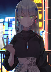 Rule 34 | 1girl, blood, bloody tears, blue hair, blue nails, breasts, cigarette, closed mouth, crossed bangs, earrings, eye piercing, girls&#039; frontline, green eyes, highres, hk416 (girls&#039; frontline), holding, holding cigarette, japan, japanese clothes, jewelry, kimono, long hair, looking at viewer, nail polish, neck tattoo, necklace, sakana-ko, solo, tattoo, tears
