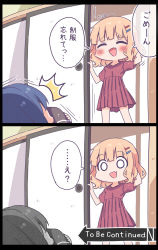 Rule 34 | 2girls, :d, ^^^, ^ ^, blonde hair, blue hair, caught, closed eyes, commentary request, dress, fang, furutani himawari, hair ornament, hairclip, highres, looking at another, multiple girls, oomuro sakurako, open mouth, red dress, short hair, skin fang, smelling clothes, smile, sniffing clothes, speech bubble, standing, surprised, takahero, to be continued, translated, yuru yuri