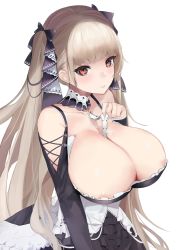 Rule 34 | 1girl, afpl (parrotz4), areola slip, azur lane, bad id, bad pixiv id, bare shoulders, black dress, breasts, cleavage, dress, formidable (azur lane), frilled dress, frills, gothic lolita, hair ribbon, highres, huge breasts, large breasts, lolita fashion, long hair, looking at viewer, neckwear between breasts, neckwear request, platinum blonde hair, red eyes, ribbon, simple background, solo, stream, sweat, twintails, two-tone dress, two-tone ribbon, very long hair, white background