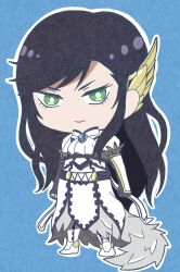 1girl absurdres ascot black_gloves black_hair black_trim blue_background blue_brooch boots brunhilde_(shuumatsu_no_valkyrie) chibi clenched_hands closed_mouth derutta dress feather_dress feathers female_focus fingerless_gloves formal gloves gold_trim green_eyes hair_ornament hairpin highres long_hair looking_at_viewer shuumatsu_no_valkyrie smile standing two-tone_gloves white_ascot white_dress white_footwear white_gloves wing_hair_ornament