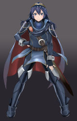 Rule 34 | 1girl, armor, belt, black gloves, blue eyes, blue hair, cape, closed mouth, female focus, fingerless gloves, fire emblem, gloves, grey background, highres, long hair, long sleeves, looking at viewer, lucina (fire emblem), matching hair/eyes, nintendo, shijima (tanfn), simple background, smile, solo, sword, weapon