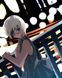 Rule 34 | 1girl, bare shoulders, blue dress, blue eyes, blurry background, city lights, dress, dutch angle, eyepatch, from side, looking at viewer, looking to the side, natori (natorism), night, original, outdoors, short hair, silver hair, solo