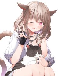 Rule 34 | 1girl, :d, ;d, absurdres, animal, animal ears, animal on lap, black gloves, brown hair, cat, cat ears, cat girl, cat on lap, cat tail, chain, chain necklace, final fantasy, final fantasy xiv, gloves, highres, jewelry, looking at viewer, medium hair, miqo&#039;te, multicolored hair, multiple rings, necklace, off shoulder, on lap, one eye closed, open mouth, pendant, pink eyes, pink hair, ring, short sleeves, smile, streaked hair, tail, v, warrior of light (ff14), yana mori