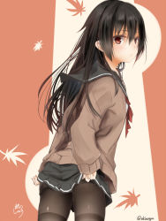 Rule 34 | 1girl, akino shuu, autumn leaves, black hair, black pantyhose, black sailor collar, black skirt, brown background, brown sweater, closed mouth, clothes pull, commentary request, from behind, hair between eyes, iroha kaede, leaf, long hair, looking at viewer, looking back, maple leaf, original, pantyhose, pantyhose pull, pleated skirt, pulled by self, red eyes, red neckwear, sailor collar, shirt, skirt, solo, sweater, thighband pantyhose, twitter username, two-tone background, very long hair, white shirt