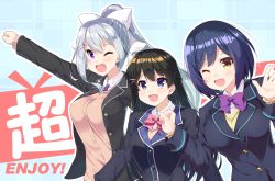 Rule 34 | 3girls, :d, ;d, black hair, black jacket, blazer, blue background, blue eyes, blue hair, bow, bowtie, braid, breasts, clenched hand, english text, french braid, hair bow, hair ornament, hairclip, hands up, highres, higuchi kaede, higuchi kaede (1st costume), hoppege, jacket, long hair, long sleeves, looking at viewer, medium breasts, mole, mole under eye, multiple girls, necktie, nijisanji, one eye closed, open clothes, open jacket, open mouth, pink bow, pink neckwear, plaid neckwear, purple eyes, purple neckwear, raised fist, school uniform, shizuka rin, short hair, silver hair, smile, straight hair, translation request, tsukino mito, tsukino mito (1st costume), unbuttoned, upper body, very long hair, virtual youtuber, white bow, wing collar, yellow eyes
