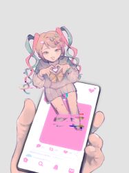 Rule 34 | 1girl, blonde hair, blue bow, blue eyes, blue hair, blue shirt, blue skirt, blush, bow, cellphone, chouzetsusaikawa tenshi-chan, glitch, grey background, hair bow, hair ornament, heart, heart hands, highres, holding, holding phone, imercurius, long hair, long sleeves, looking at viewer, multicolored hair, needy girl overdose, open mouth, phone, pink bow, pink hair, pleated skirt, pov, pov hands, purple bow, quad tails, sailor collar, school uniform, serafuku, shirt, simple background, sitting, skirt, smartphone, smile, solo focus, through medium, through screen, twintails, very long hair, yellow bow