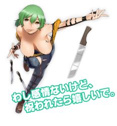 Rule 34 | 10s, 1girl, bad id, bad twitter id, bare shoulders, breasts, brown eyes, brown footwear, collarbone, denim, downblouse, earrings, extended downblouse, female focus, full body, green hair, hanging breasts, highres, hikage (senran kagura), hishigata, jeans, jewelry, knife, large breasts, leaning forward, leg up, navel, no bra, off shoulder, pants, senran kagura, senran kagura shinovi versus, shoes, short hair, simple background, slit pupils, solo, tattoo, tongue, tongue out, torn clothes, torn jeans, torn pants, white background, yellow eyes