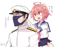 Rule 34 | 1boy, 1girl, admiral (kancolle), ahoge, black hair, black one-piece swimsuit, blue sailor collar, blush, bottomless, commentary request, coronavirus pandemic, dated, hair between eyes, hat, i-58 (kancolle), kantai collection, long sleeves, mask, military, military uniform, mouth mask, naval uniform, neckerchief, no panties, object on head, old school swimsuit, one-piece swimsuit, open mouth, out-of-frame censoring, peaked cap, pink hair, pink neckerchief, red eyes, sailor collar, school swimsuit, school uniform, serafuku, short hair, short sleeves, simple background, suka, swimsuit, swimsuit under clothes, torn clothes, torn swimsuit, translated, uniform, white background