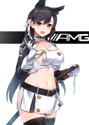 Rule 34 | 1girl, :d, alternate costume, animal ears, atago (azur lane), azur lane, black hair, black thighhighs, breasts, brown eyes, cleavage, commentary request, flower, fox ears, gedou (shigure seishin), gloves, hair flower, hair ornament, katana, large breasts, long hair, looking at viewer, mole, mole under eye, navel, open mouth, pelvic curtain, sideboob, smile, solo, sword, thighhighs, weapon, white gloves, zettai ryouiki