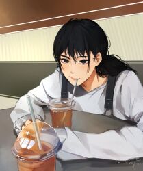 1girl absurdres black_eyes black_hair black_overalls chainsaw_man closed_mouth coffee commentary cup disposable_cup drink drinking drinking_straw english_commentary highres indoors kumah_dessu long_hair mitaka_asa overalls solo sweater table white_sweater