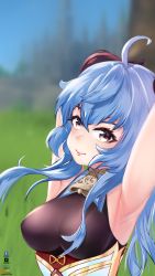 Rule 34 | 1girl, armpits, arms up, artist logo, bare arms, bell, blue hair, breasts, cowbell, facebook logo, ganyu (genshin impact), genshin impact, highres, horns, lolinnez., long hair, looking at viewer, neck bell, outdoors, self-upload, sidelocks, solo, upper body