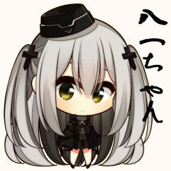 Rule 34 | 1girl, 7:08, ash arms, big head, black footwear, black hat, black jacket, brown background, character request, chibi, commentary request, full body, green eyes, grey hair, hair between eyes, hair ornament, hat, highres, jacket, long hair, long sleeves, mini hat, puffy long sleeves, puffy sleeves, sleeves past fingers, sleeves past wrists, solo, standing, tilted headwear, translation request, two side up, very long hair