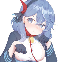 Rule 34 | 1girl, aesice, ako (blue archive), animal collar, bell, black gloves, black hairband, black jacket, blue archive, blue eyes, blue hair, blush, breasts, buttons, closed mouth, collar, gloves, hair between eyes, hairband, highres, jacket, large breasts, long hair, long sleeves, looking at viewer, neck bell, shirt, sideboob, simple background, solo, white background, white shirt