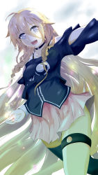 Rule 34 | 1girl, :d, absurdly long hair, absurdres, asunogear, asymmetrical legwear, bird, black jacket, black thighhighs, collar, collarbone, dutch angle, floating hair, grey eyes, hair between eyes, highres, ia (vocaloid), jacket, long hair, long sleeves, looking at viewer, miniskirt, open mouth, outstretched arm, pink skirt, pleated skirt, silver hair, single thighhigh, skirt, smile, solo, standing, thigh strap, thighhighs, uneven legwear, very long hair, vocaloid, white background