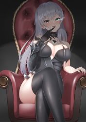 Rule 34 | 1girl, absurdres, bare shoulders, black bodysuit, black thighhighs, bodysuit, bracer, breasts, choker, commission, crossed legs, elbow gloves, futon fly away, gloves, green eyes, heterochromia, highres, large breasts, licking, licking finger, long hair, looking at viewer, original, pixiv commission, purple eyes, shadow, silver hair, single bare arm, single elbow glove, sitting, solo, straight hair, thighhighs, throne, tongue, tongue out