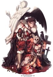Rule 34 | 1boy, angel, angel statue, angel wings, bird, boots, brown hair, cape, castlevania (series), castlevania (netflix), character name, copyright name, cross, flower, fur cape, fur trim, highres, knife, kvover (applebloom), looking at viewer, male focus, ralph c belmont, crow, scar, short hair, simple background, sitting, skeleton, solo, statue, strap, throwing knife, tombstone, weapon, whip, white background, wings