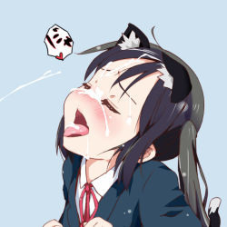 Rule 34 | 1girl, animal ears, bad id, bad pixiv id, black hair, blazer, blush, bukkake, cat ears, cat tail, cum, cum in mouth, cum on tongue, ejaculation, closed eyes, facial, hachi (orange), jacket, k-on!, long hair, nakano azusa, open mouth, school uniform, solo, tail, tongue, tongue out, twintails
