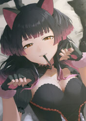 Rule 34 | 1girl, absurdres, animal ears, black cat, black gloves, black hair, breasts, cat, cat ears, cleavage, collarbone, commentary, fingerless gloves, fur-trimmed gloves, fur trim, gloves, gradient hair, highres, idolmaster, idolmaster shiny colors, looking at viewer, lying, mayuzumi fuyuko, medium breasts, mouth hold, multicolored hair, nofakeuk, on back, pink hair, solo, upper body