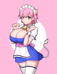 Rule 34 | 1girl, :o, absurdres, apron, bad id, bad pixiv id, blue dress, breasts squeezed together, breasts, cleavage, commission, cow horns, cow tail, detached collar, dress, dungbae, elfleda mirjasdottir, green eyes, highres, horns, huge breasts, looking at viewer, lotte no omocha!, maid, maid headdress, microdress, panties, pink hair, pink panties, pointy ears, sash, short hair, skindentation, solo, tail, thighhighs, underwear, waist apron, white thighhighs, wrist cuffs