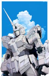 absurdres arms_at_sides blue_sky border clenched_hands cloud cowboy_shot cumulonimbus_cloud dated day green_eyes gundam highres horns mecha mecha_focus mobile_suit mobile_suit_gundam no_humans outdoors outside_border robot science_fiction signature single_horn sky solo standing steven_(sz0097) unicorn_gundam white_border