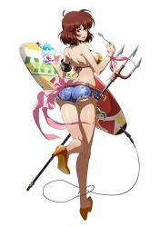 Rule 34 | 1girl, ahoge, armband, ass, bare arms, bare shoulders, bikini, bikini top only, bow, breasts, brown eyes, brown hair, denim, denim shorts, flare (langrisser), food, full body, gluteal fold, high heels, highres, hip focus, langrisser, langrisser iii, large breasts, legs, looking at viewer, looking back, open mouth, polearm, shaved ice, short hair, shorts, sideboob, solo, spoon, surfboard, sweat, swimsuit, teeth, thighs, tongue, trident, weapon