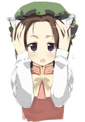 Rule 34 | 1girl, animal ears, bad id, bad pixiv id, blush, brown eyes, brown hair, cat ears, cat girl, chen, earrings, fang, female focus, forehead, h@ll, hat, highres, jewelry, short hair, sketch, solo, touhou, upper body, white background