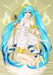 Rule 34 | 1girl, absurdres, ankle cuffs, barefoot, blue eyes, blue hair, blush, choker, detached sleeves, dress, full body, hair ornament, halter dress, halterneck, hatsune miku, highres, holding, holding microphone stand, jewelry, long hair, looking at viewer, masumofu, microphone, microphone stand, necklace, open mouth, pearl necklace, sleeveless, sleeveless dress, smile, solo, treble clef, twintails, two-sided fabric, v-shaped eyebrows, very long hair, vocaloid