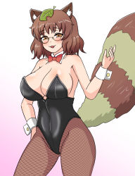 Rule 34 | 1girl, animal ear fluff, animal ears, armpits, bare shoulders, blush, bow, bowtie, breasts, brown eyes, brown hair, cleavage, cuffs, detached collar, fishnets, futatsuiwa mamizou, highres, large breasts, leaf, leaf on head, leotard, nek3124, open mouth, playboy bunny, raccoon ears, raccoon tail, short hair, tail, thick thighs, thighs