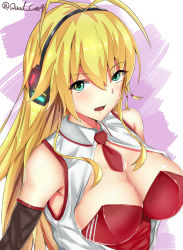 Rule 34 | 1girl, antenna hair, aqua eyes, bad id, bad pixiv id, bare shoulders, black gloves, blonde hair, blush, breasts, cleavage, cleavage cutout, clothing cutout, collared shirt, detached sleeves, elbow gloves, female focus, gloves, hair between eyes, hair ornament, headphones, highres, itapi, large breasts, long hair, looking at viewer, necktie, open clothes, open mouth, open shirt, shirt, shy, sidelocks, sleeveless, sleeveless shirt, solo, strapless, tsurumaki maki, upper body, voiceroid
