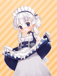 Rule 34 | 1girl, apron, arms up, azur lane, belfast (azur lane), blue dress, blue eyes, blush, braid, clothes lift, dress, dress lift, gloves, highres, kumaneko rococo, lifted by self, long hair, maid headdress, open mouth, ponytail, short ponytail, silver hair, solo, striped, striped background, waist apron, white dress, white gloves, aged down