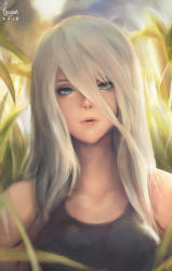 Rule 34 | 1girl, android, artist name, bare shoulders, black tank top, collarbone, dated, grey eyes, hair between eyes, highres, joints, long hair, mole, mole under mouth, nier (series), nier:automata, parted lips, robot joints, seuyan, solo, tank top, white hair, a2 (nier:automata)