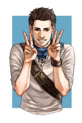 Rule 34 | 1boy, anderain, bandana, bandolier, brown hair, double v, facial hair, grin, highres, looking at viewer, male focus, nathan drake, polo shirt, smile, solo, stubble, uncharted, uncharted 3, upper body, v
