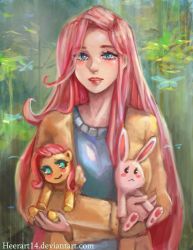 Rule 34 | 1girl, artist name, bad id, bad pixiv id, blue eyes, rabbit, deviantart username, fluttershy, highres, jacket, lipstick, long hair, looking at viewer, makeup, my little pony, open clothes, open jacket, open mouth, parted lips, pink hair, red lips, simha, solo, stuffed animal, stuffed rabbit, stuffed toy, very long hair, watermark, web address, yellow jacket