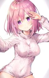 Rule 34 | 1girl, absurdres, aran sweater, arm up, bad id, bad twitter id, blurry, blush, cable knit, closed mouth, covered navel, depth of field, fate/grand order, fate (series), hair between eyes, highres, light smile, long sleeves, looking at viewer, mash kyrielight, no panties, out-of-frame censoring, pink hair, purple eyes, reaching, reaching towards viewer, rin yuu, selfie, sidelocks, smile, solo, sweater, turtleneck, turtleneck sweater, upper body, white background, white sweater