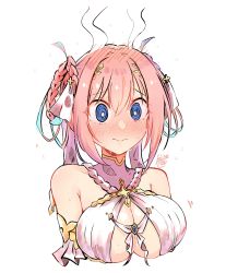 Rule 34 | 1girl, @ @, absurdres, bare shoulders, blue eyes, blush, braid, braided hair rings, breasts, cleavage, hair between eyes, hair rings, halterneck, highres, keinesandayoooo, large breasts, looking at viewer, pink hair, princess connect!, short hair, solo, twin braids, wavy mouth, yui (ceremonial) (princess connect!), yui (princess connect!)