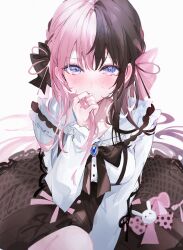 Rule 34 | 1girl, blue eyes, blush, bow, bowtie, breasts, brooch, brown bow, brown bowtie, brown hair, brown skirt, commentary, frown, hair bow, highres, holding, holding own hair, jewelry, knee up, long sleeves, looking at viewer, medium breasts, multicolored hair, pink bow, pink hair, pout, shia job, shirt, simple background, sitting, skirt, solo, split-color hair, tachibana hinano (vtuber), tearing up, two-tone hair, virtual youtuber, vspo!, white background, white shirt