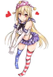 Rule 34 | 1girl, amagi (amagi626), american flag legwear, bare shoulders, black neckerchief, black panties, blonde hair, blue skirt, blush, clownpiece, collarbone, commentary request, cosplay, crop top, crossover, elbow gloves, full body, gloves, hair between eyes, hat, heart, highleg, highleg panties, highres, jester cap, kantai collection, leaning forward, long hair, looking at viewer, microskirt, midriff, navel, neckerchief, no shoes, panties, pink hat, pleated skirt, polka dot headwear, red eyes, sailor collar, school uniform, serafuku, shimakaze (kancolle), shimakaze (kancolle) (cosplay), shirt, simple background, skirt, sleeveless, sleeveless shirt, smile, solo, standing, star (symbol), star print, stomach, striped clothes, striped thighhighs, thighhighs, thighs, touhou, underwear, v arms, very long hair, white background, white gloves, white shirt