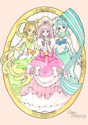 Rule 34 | 3girls, artist name, blonde hair, blue dress, blue eyes, blue hair, bow, chieri (go! princess precure), closed mouth, dated, dress, dress bow, earrings, gloves, go! princess precure, hair ornament, hair ribbon, hair rings, hand on another&#039;s shoulder, jewelry, layered dress, long hair, looking at viewer, magical girl, multicolored hair, multiple girls, navel, orange hair, own hands clasped, own hands together, pink background, pink bow, pink dress, pink eyes, pink hair, popped collar, precure, previous cure flora, previous cure mermaid, previous cure twinkle, puffy sleeves, ribbon, sayococco, sei (go! princess precure), signature, smile, standing, star (symbol), star earrings, streaked hair, traditional media, twintails, two-tone hair, waist bow, waist brooch, white bow, white gloves, yellow eyes, yura (go! princess precure)