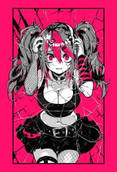 Rule 34 | absurdres, belt, black skirt, breasts, broken glass, crop top, gamer supps, glass, goth fashion, grey hair, hair ornament, hands on own head, highres, jewelry, large breasts, miniskirt, necklace, original, parororo, pink background, pink eyes, skirt, twintails