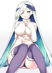 Rule 34 | 1girl, aqua hair, black panties, breasts, brynhildr (fate), dress, fate/prototype, fate/prototype: fragments of blue and silver, fate (series), hair over one eye, half-closed eyes, haruyuki (yukichasoba), knees together feet apart, large breasts, long hair, multicolored hair, panties, pantyshot, parted lips, purple eyes, purple thighhighs, ribbed sweater, silver hair, sitting, sleeves past wrists, smile, solo, sweater, sweater dress, thighhighs, turtleneck, turtleneck sweater, two-tone hair, underwear, upskirt, very long hair, white sweater