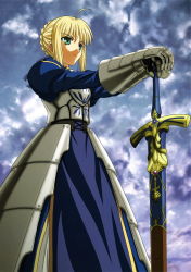 Rule 34 | 00s, absurdres, ahoge, armor, artoria pendragon (all), artoria pendragon (fate), blonde hair, fate/stay night, fate (series), green eyes, hands on hilt, highres, saber (fate), scan, solo, sword, weapon