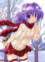 Rule 34 | 1girl, :p, absurdres, blurry, blush, depth of field, gift, hair intakes, heart, highres, holding, holding behind back, komatsu eiji, leaning forward, plaid, plaid scarf, plaid skirt, pleated skirt, purple eyes, purple hair, scan, scarf, short hair, skirt, snow, solo, sunlight, sweater, thighhighs, tongue, tongue out, tree, white thighhighs, winter, zettai ryouiki