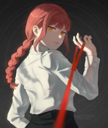 Rule 34 | 1girl, 39daph, braid, braided ponytail, chainsaw man, collared shirt, femdom, grey background, holding, holding leash, leash, looking at viewer, looking back, makima (chainsaw man), medium hair, pov, red hair, ringed eyes, shirt, shirt tucked in, sidelocks, simple background, smile, solo, twitter username, viewer on leash, white shirt, yellow eyes
